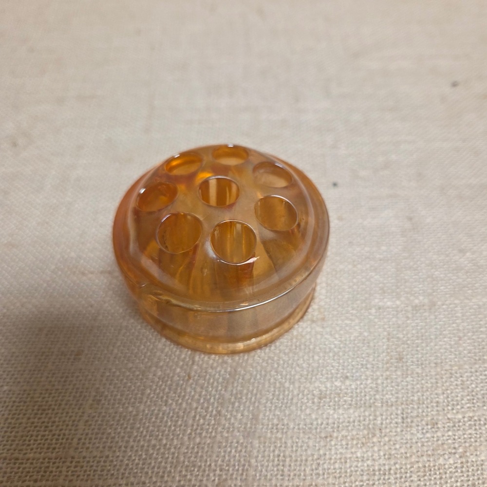Vintage Amber Carnival Glass Flower Frog Iridescent Marigold 8 Hole Small Round